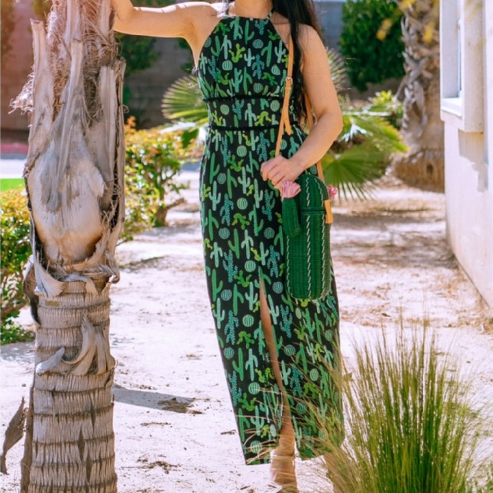 Green Cactus Print Midi Dress